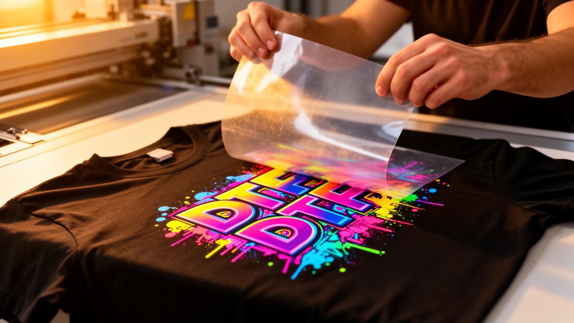 Hands peeling a vibrant DTF transfer carrier film off a freshly pressed black tee at Tide Press Co.