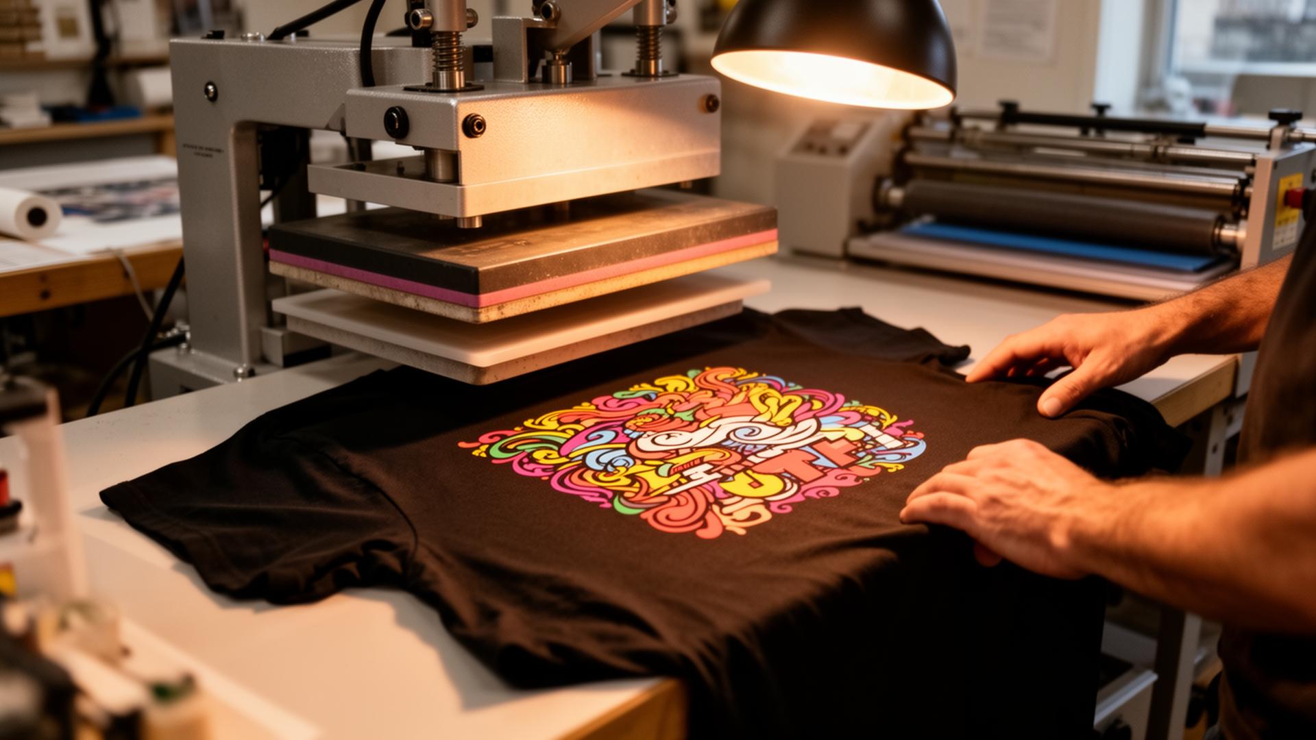 Heat press applying a custom DTF transfer to a black t-shirt at Tide Press Co.