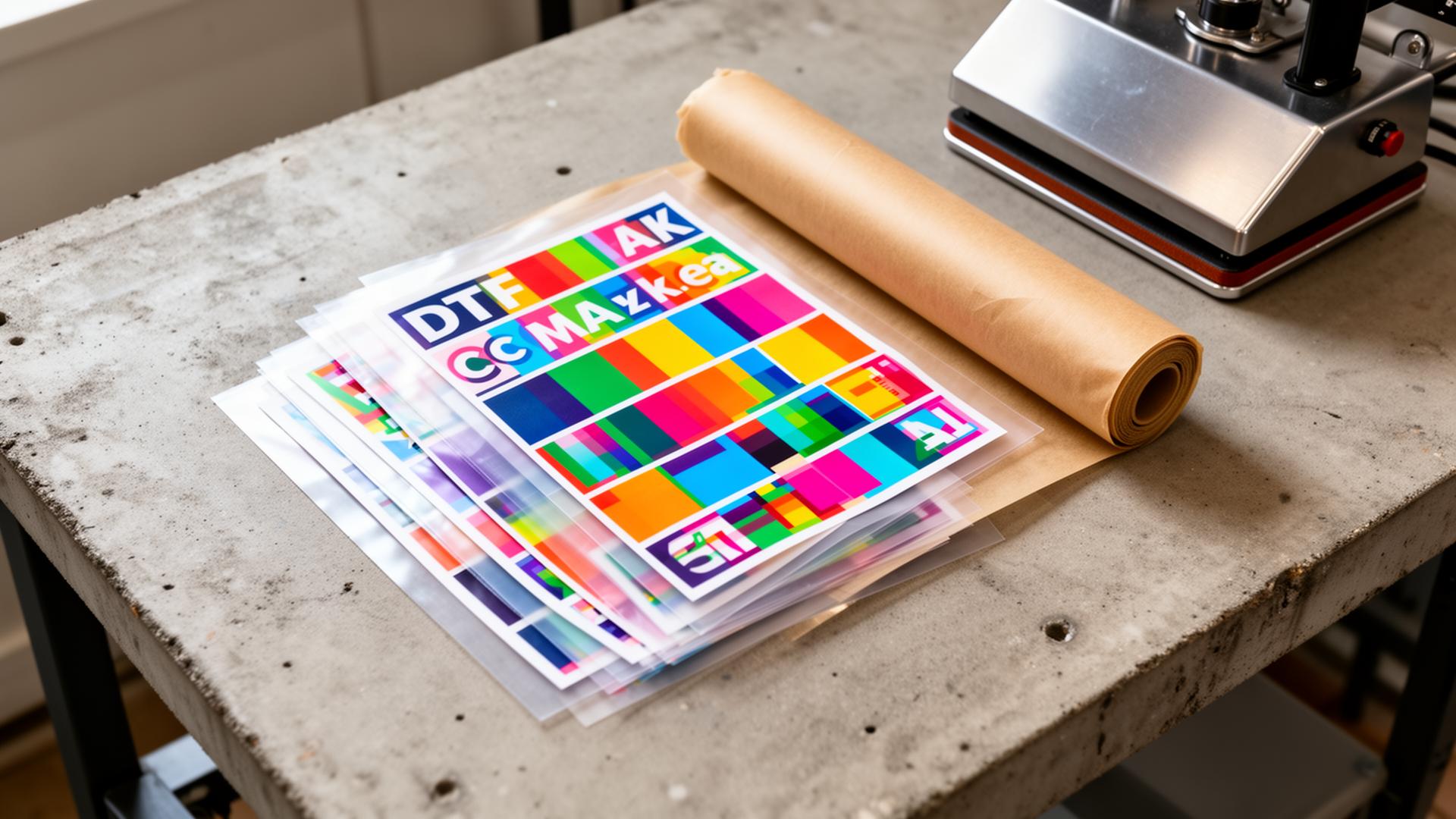 Stack of vibrant DTF gang sheets ready for pickup