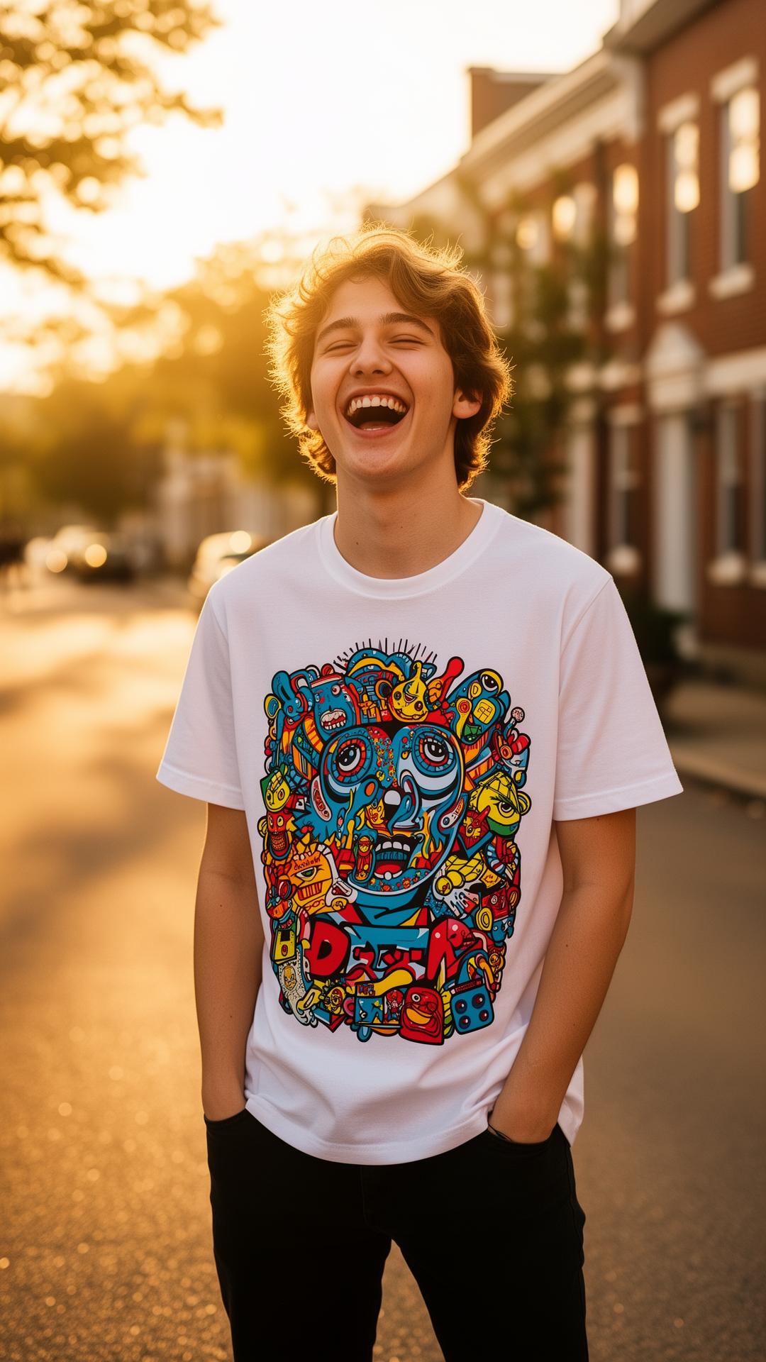 Customer wearing a Tide Press Co. printed shirt at golden hour